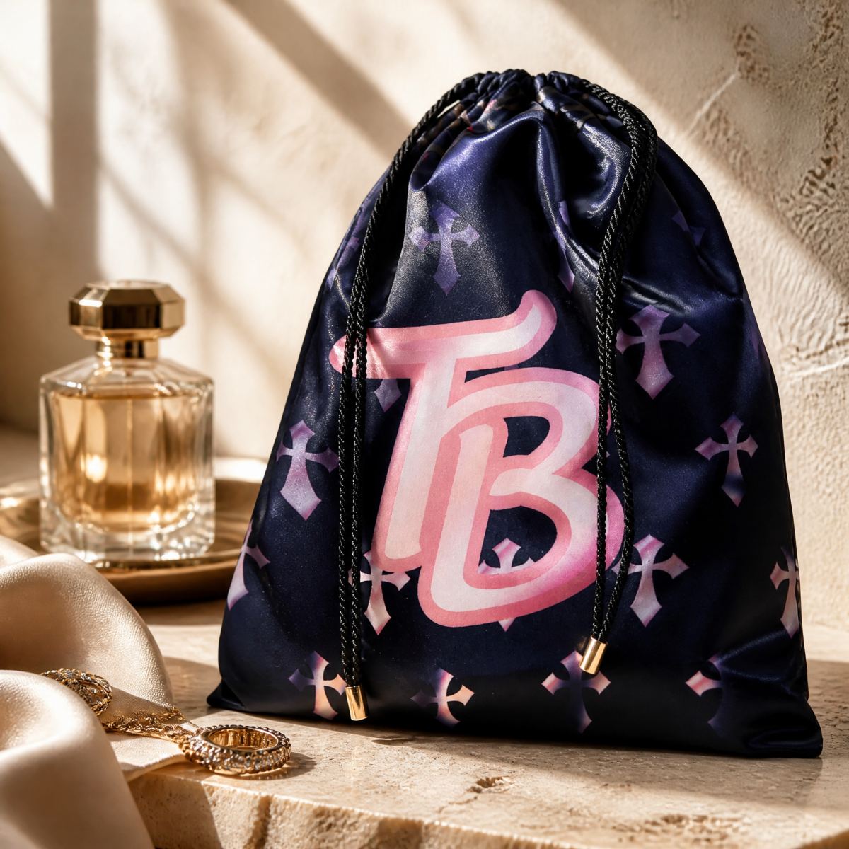 Custom Logo Premium Printed Satin Drawstring Bag Metal Tips Apparel Clothing Scarf Wig Lingerie Accessories Gift Wholesale Oem