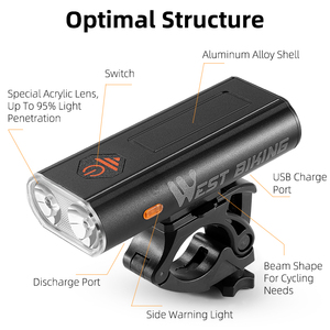 Phare de <span class=keywords><strong>vélo</strong></span> étanche à haute luminosité WEST BIKING, <span class=keywords><strong>lampe</strong></span> <span class=keywords><strong>LED</strong></span> rechargeable ultralégère pour <span class=keywords><strong>vélo</strong></span> - Product Image 2