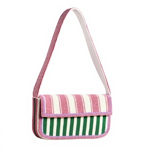 Premium Unique Striped Design Rectangular <b>Cute</b> Handbag High Quality Cotton Textile Craft Pink Green White Colorful Design - Product Image 1