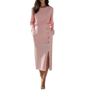<span class=keywords><strong>Abito</strong></span> midi elegante da donna a maniche lunghe in tinta unita <span class=keywords><strong>con</strong></span> dettagli a bottoni e <span class=keywords><strong>spacco</strong></span> laterale - Girocollo - Product Image 5