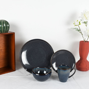 Handcrafted Modern Dining Tableware <b>Set</b> 4PCS Navy Blue Raku Ceramic Asymmetrical <b>Microwave</b>-Safe Retro Dinnerware Stoneware - Product Image 3