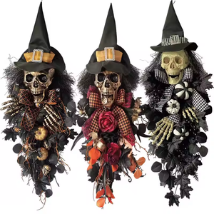 Porte d'entrée Diy Couronne suspendue Feuilles artificielles noires Arc <span class=keywords><strong>Citrouille</strong></span> Effrayant Squelette Main Chapeau <span class=keywords><strong>de</strong></span> sorcière Halloween Swag - Product Image 1