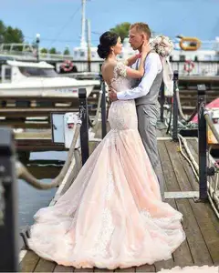 Gaun Pernikahan Renda Blush Pink Renda, Gaun Pengantin Duyung Renda Punggung Atas Gratis Buatan Khusus Kualitas Tinggi