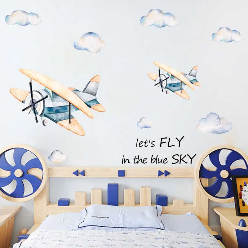 Cartoon watercolor cloud airplane removable pvc waterproof self-adhesive wall sticker for kindergarten stairwell wall decal
