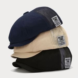 หมวกแก๊ปตาข่ายผ้าฝ้ายระบายอากาศสำหรับฤดูใบไม้ผลิและฤดูร้อน หมวกป้องกันแสงแดดสำหรับผู้ชาย หมวกเบเร่ต์ลายปะติดปะต่อสำหรับช่างทาสี - Product Image 2