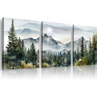 Lot de 3 triptyques d'art mural Zen en peinture à l'encre, Forêt brumeuse, Lune et Pin, Impression sur toile, Décoration abstraite nature pour salon