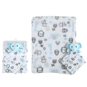 Nieuwe Cartoon Katoen Flanel Baby Swaddle Deken Goedkope Dier Olifant Baby Veiligheidsdeken Set Met Pluche Speelgoed