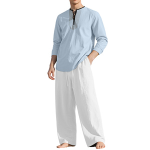 Ensemble chemise et pantalon décontractés en lin pour hommes, manches longues, amples, respirants, pour usage quotidien, blanc et bleu, tenue longue pour la plage - Product Image 1