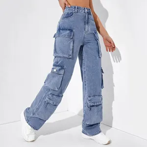Tasche Cargo personalizzate a vita alta di alta qualità pantaloni in Denim gambe larghe Street Wear Jeans Cargo larghi per le donne