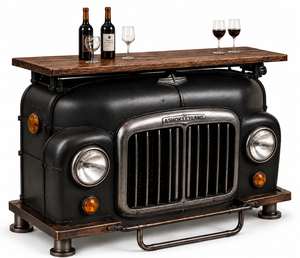 Chariot de bar roulant de style rétro automobile industriel avec comptoir de rangement en bois et porte-bouteilles pour restaurant - Product Image 1