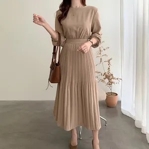 Wholesale 2024 Spring French Elegant Round Neck Tie Waist Slimming Leisure Over Knee Long Sleeve Pleated Women's Dress
