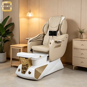 Fauteuil de pédicure moderne <span class=keywords><strong>beige</strong></span> avec détails dorés, station de soin des pieds haut de gamme avec fonction massage pour salons de manucure et instituts de bien-être de luxe - Product Image 2
