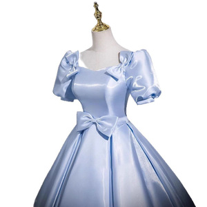 Sky Blue Satin Ball Gown Square Neck Empire Waist Long Evening Dress For Women Art Exam Choir Performance Hosting - Product Image 5