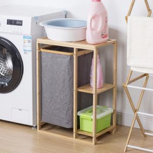Bamboo <b>Laundry</b> Storage Rack With Fabric <b>Basket</b> Rectangle Standing Type Durable Clothing Organizer For Bathroom Bedroom - Product Image 4