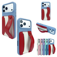 Casing HP Warna Biru Merah Polos dengan Slot Kartu Bergelombang dan Tali Pegangan Bahan PU Perlindungan 360 Anti Benturan untuk IPhone 17/16/15