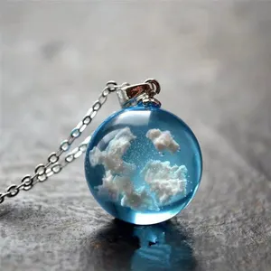 Chic Transparent Resin Round Ball Moon Pendant Necklace Women Blue Sky White Cloud Luminous Necklace Fashion Jewelry