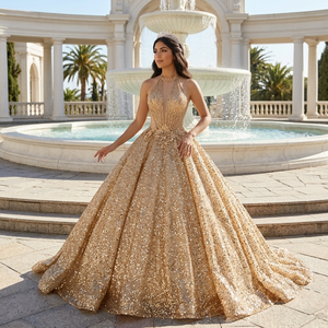 Robes de soirée scintillantes dorées à paillettes et perles pour Quinceañera 1562 - Product Image 1