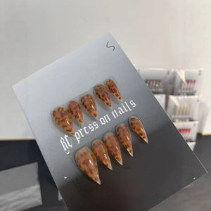 Faux ongles longs faits main à pression, motif griffe de dragon, imprimé léopard ambre, motif animal brun translucide effet gelée, style gothique - Product Image 3