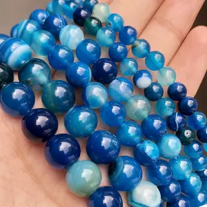 高品质4/6/8/10/12MM光滑蓝色条纹Agates玛瑙圆形松散珠子用于珠宝制作