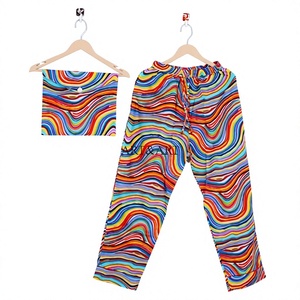 Women's Colorful Striped Pajama Set Full Length Drawstring Casual Summer Sleepwear Woven Fabric Soft Comfortable Twopiece outfit - Product Image 1