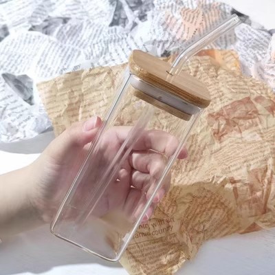 Tazza quadrata di paglia con coperchio in legno-400ml