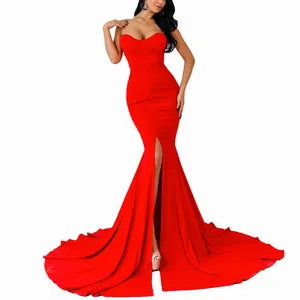 2021 Elegant Gown Dress Strapless Party Evening Women Mature Red Dress