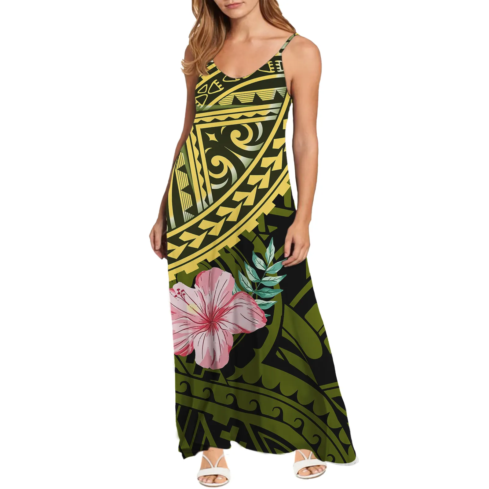 Custom Plus Size Women's Casual Dress Hawaii Tribal Print Women Off Shoulder Dress Beach Elegant Sleeveless V Neck Long Skirt