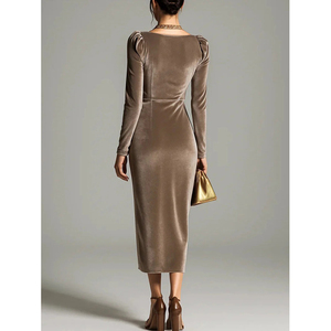 Nuovo Abito Aderente <span class=keywords><strong>in</strong></span> <span class=keywords><strong>Velluto</strong></span> da Donna, Maniche Lunghe, Sexy, Arricciato, <span class=keywords><strong>con</strong></span> <span class=keywords><strong>Spacco</strong></span> Alto, Casual, Modellante - Product Image 4