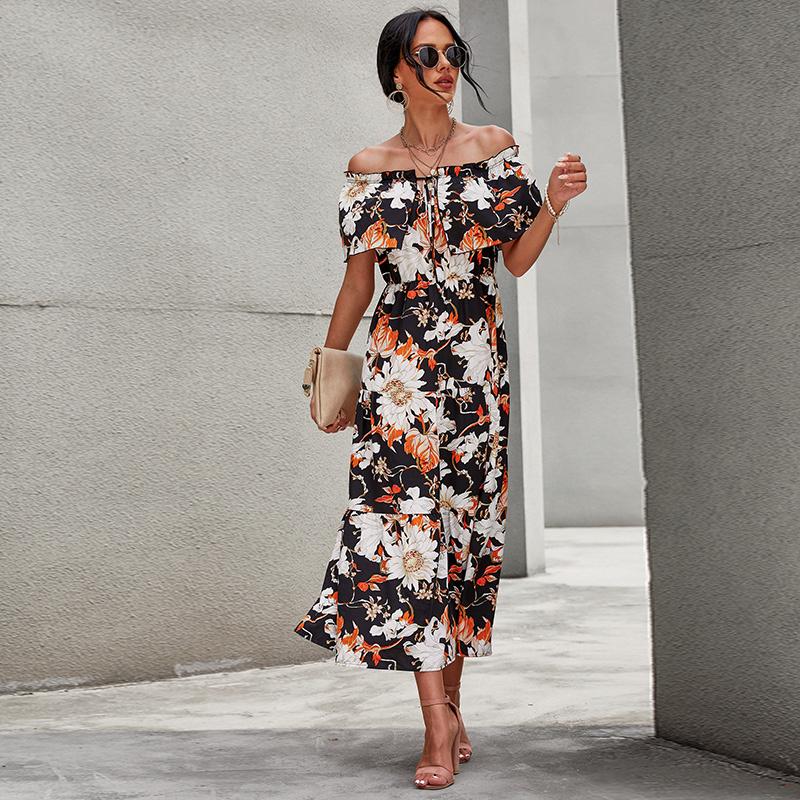 Most Popular Women Casual Dress Off Shoulder Floral Print Ladies Maxi Strapless Skirt Women Tube Dress