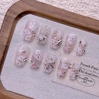 Faux ongles courts en acrylique faits à la main, style French manucure rose, à pression, couvrance totale, pour femmes