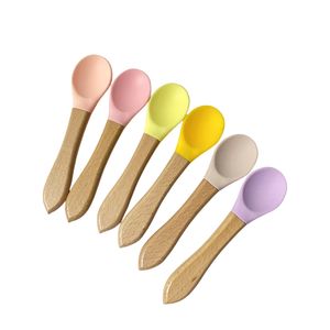 实心硅胶木柄餐具 婴儿训练喂食勺 儿童和幼儿儿童餐饮用品 - Product Image 5