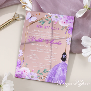 Enveloppe d'invitation de mariage de luxe en acrylique transparent rose pailleté avec doublure florale orchidée blanche et rose, impression personnalisée - Product Image 5