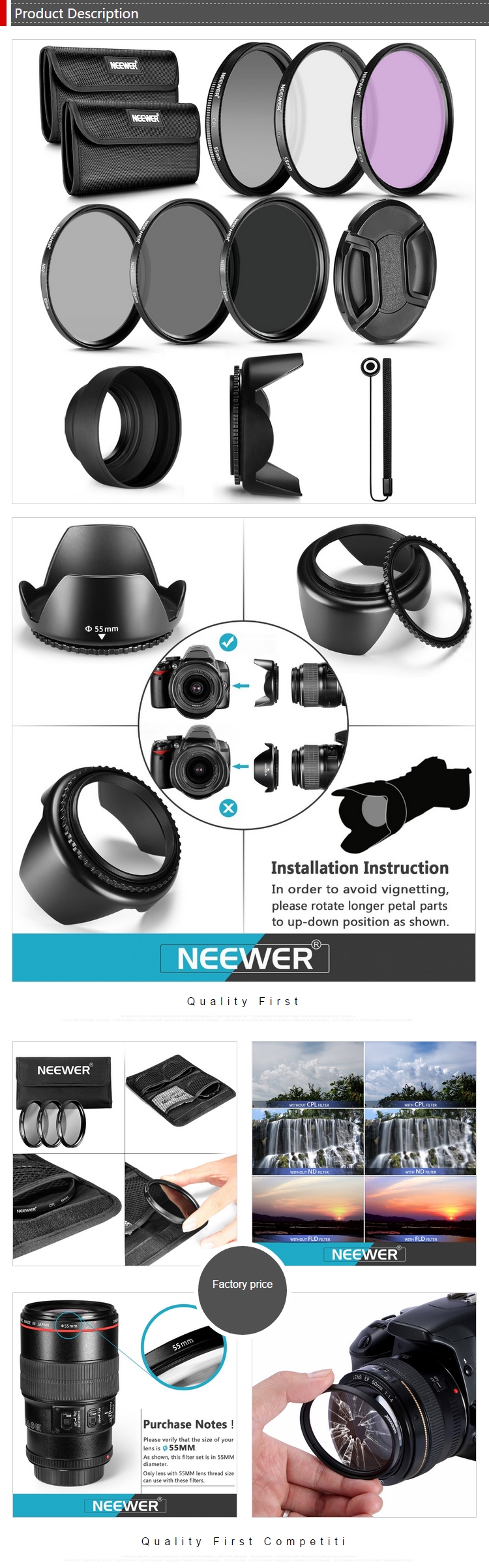 NEEWER 55 mm ND-filterkit en lensaccessoires, ND2 ND4 ND8 UV FLD CPL (Circular Polarizing) filterset met lensdop/tulpvormige zonnekap
