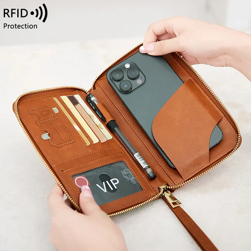 ที่ใส่บัตรเครดิต ID แบบกําหนดเอง RFID ปิดกั้นกระเป๋าสตางค์ตั๋วกระเป๋าเก็บเอกสารกระเป๋าใส่เหรียญพร้อมสายรัดข้อมือที่ใส่หนังสือเดินทาง