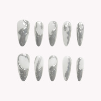 Faux ongles à presser blanc argenté, design effet métal liquide, longs, forme amande, en acrylique, 10 pièces, personnalisables pour salons de manucure et fournisseurs de SPA