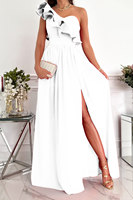 Vente en gros Robe élégante fendue haute dos nu sans manches à volants ourlet ample plissé à la mode Robes longues pour femmes à épaules dénudées