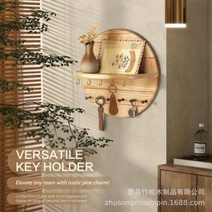 Wooden Round Wall Key <b>Rack</b> With <b>Shelf</b> For Entryway Home Decor - Product Image 3