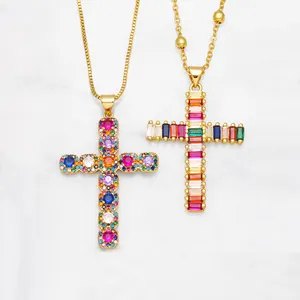Модные Винтажные Украшения В Стиле Хип-хоп для девочек, христианские кристаллы, горный хрусталь, микро-ПАВЕ, Радужный циркон, золотой крест, ожерелье, Подвеска для женщин