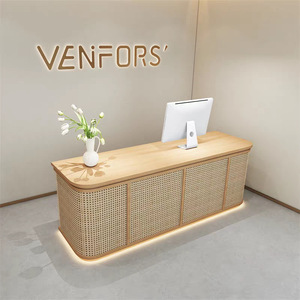 Bancone Moderno in Legno Massello Stile Giapponese con Rattan per Barbieri e Saloni di Bellezza, Tavolo di Ricevimento per Accogliere gli Ospiti - Product Image 2
