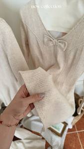 Vestido de Lana Color Nude con Cuello en V Profundo, Mangas Acampanadas, Escote Corazón y Lazo Elástico, Estilo Coreano, OEM, Alta Calidad - Product Image 4