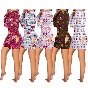 Özel çok baskı renkleri tek parça Romper Bodysuit uzun kollu Onesie kadın karikatür seksi kadın popo Flap pijama yetişkinler için