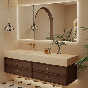 Bathroom Vanity Solid Wood Cabinet Seamless Ceramic Basin With <b>Mirror</b> Light Integrated Sink - Product Image 1