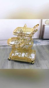 गर्म बिक्री उच्च गुणवत्ता वाले दर्पण ग्लास फर्नीचर अनुकूलित 3 स्तर गोल्डन मेटल 4 व्हील्ड फूड कैंडी ट्रॉली - Product Image 2