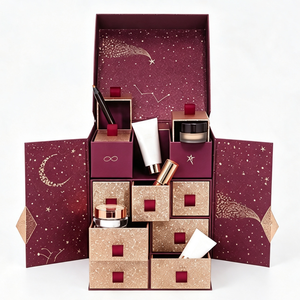 Premium Burgundy Double Door Advent <b>Calendar</b> Box with Drawers Starry Print Rigid Cardboard Beauty Gift Packaging Wholesale - Product Image 1