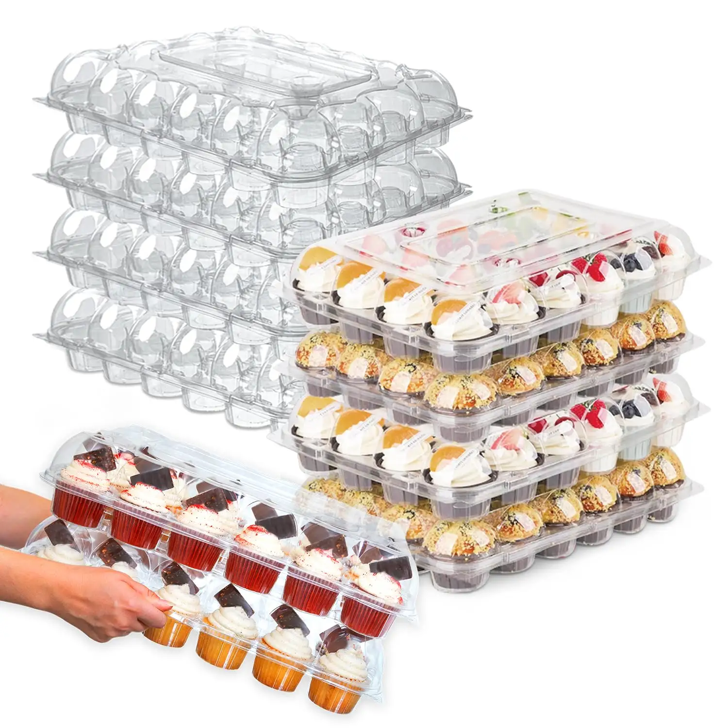 24 boîtes d'emballage empilables pour cupcakes Boîte d'emballage jetable pour cupcakes de voyage Conteneur de transport transparent pour boulangerie et desserts