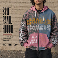 Sweat à capuche zippé personnalisé bleu délavé 360 g/m² avec empiècements, imprimé varsity, motif camouflage et rose, style streetwear OEM ODM