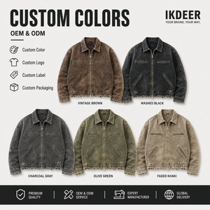 Giacca in tela vintage IKDEER effetto invecchiato, lavata, con cerniera intera personalizzata e orlo grezzo, abbigliamento casual utility - Product Image 5