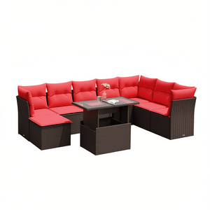 Brown Poly <b>Rattan</b> Garden <b>Sofa</b> Set With Cushions 9 Piece Outdoor Furniture Contemporary Design - Product Image 1