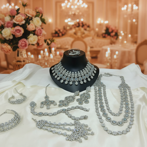 Élégant ensemble de bijoux ethniques en laiton de haute qualité, plaqué rhodium, avec zircon, pour mariée, fiançailles, mariage, anniversaire, fête, collier ras-du-cou effet ombre - Product Image 3