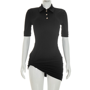 Viviblook Y26DS137 Robe d'été pour femme, nouvelle robe décontractée élégante à col à revers, manches courtes, ourlet asymétrique, mini-robe - Product Image 1